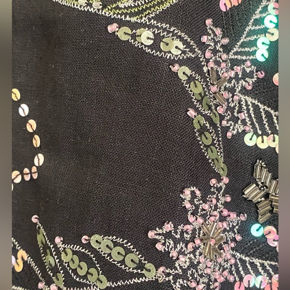 Nikki Valentine Irish Linen Black Sequin Embroidered Wide-Leg Crop Pants Size 10 - Picture 11 of 12